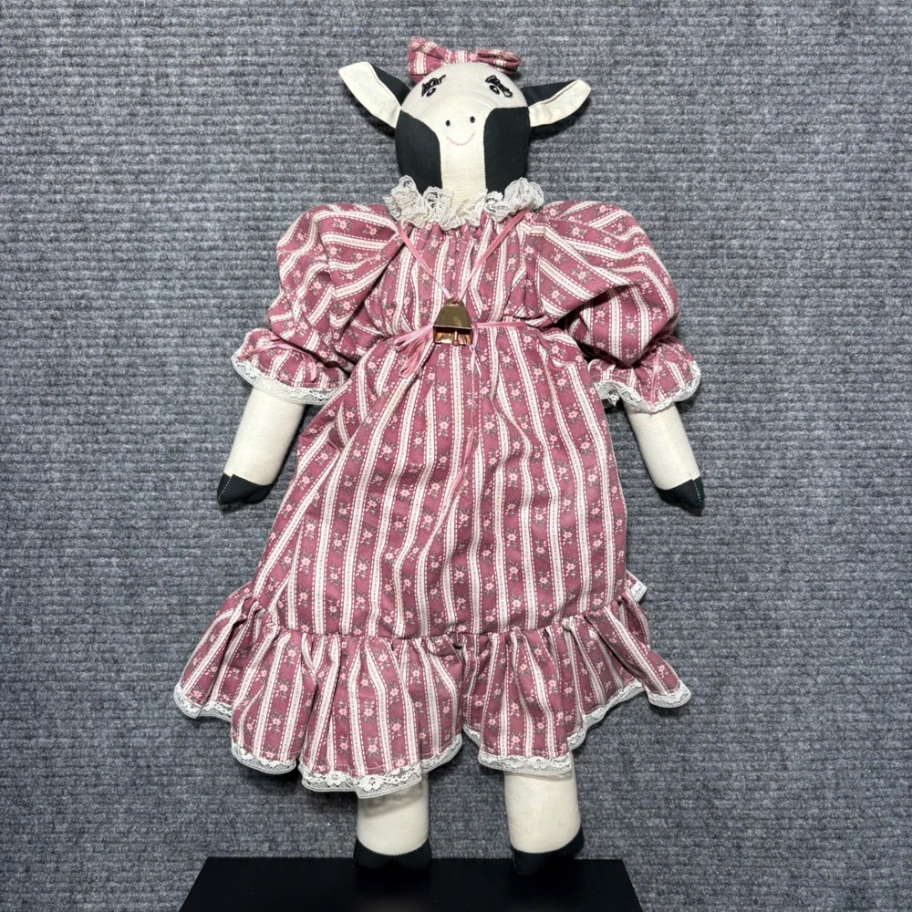 Vintage Handmade Folk Art Cow Doll Plush 22 Inch Mauve Floral Prairie Dress Bell